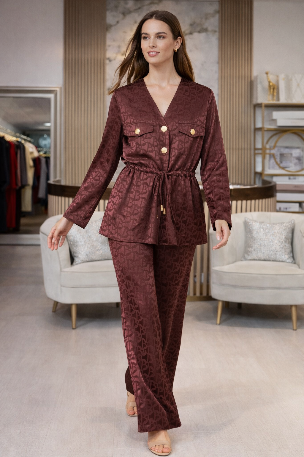 Elegant Monogram Satin Two-Piece Set – Burgundy