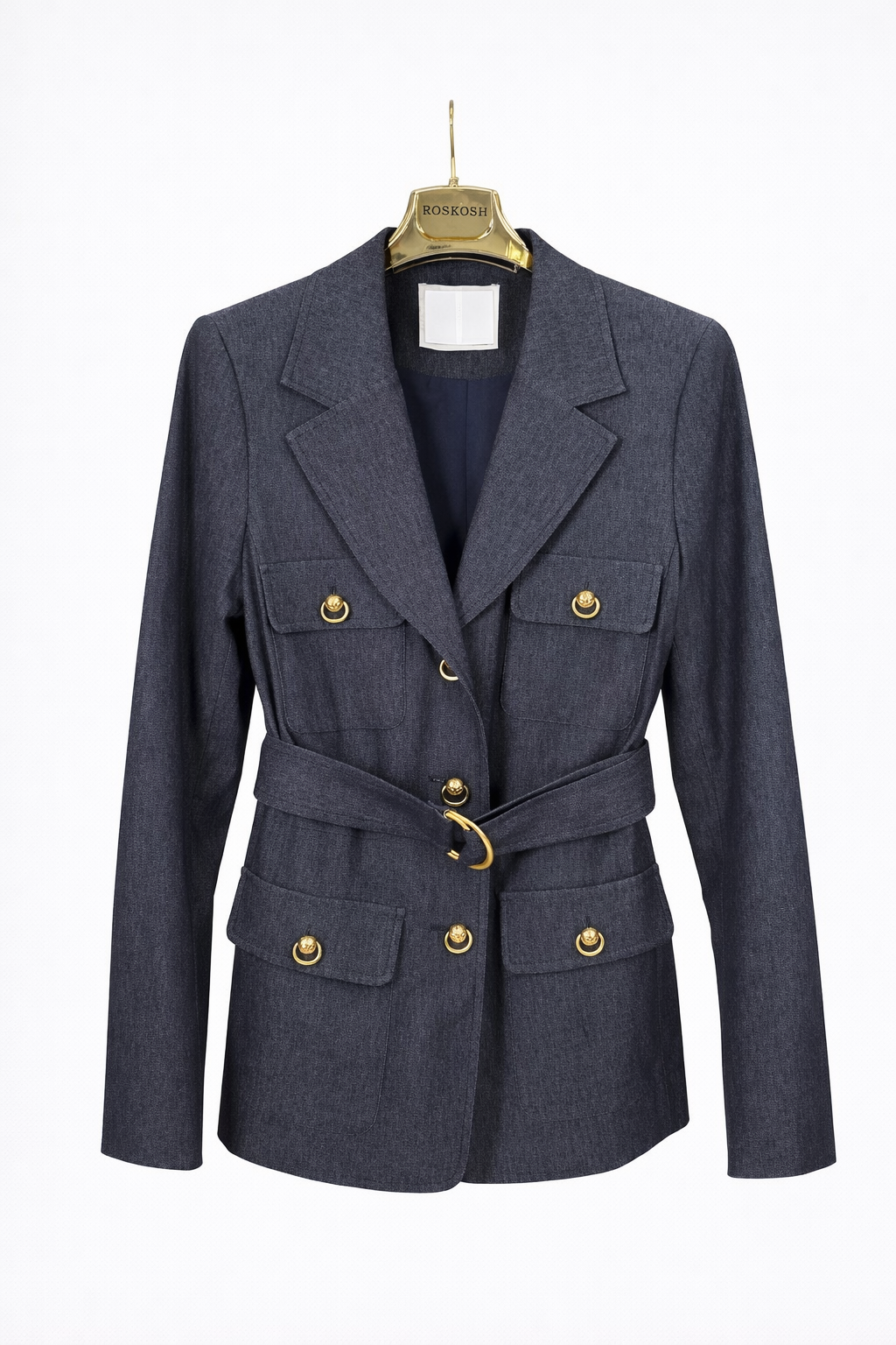 Elegant Belted Tailored Blazer & Wide-Leg Pants Set – Charcoal Blue