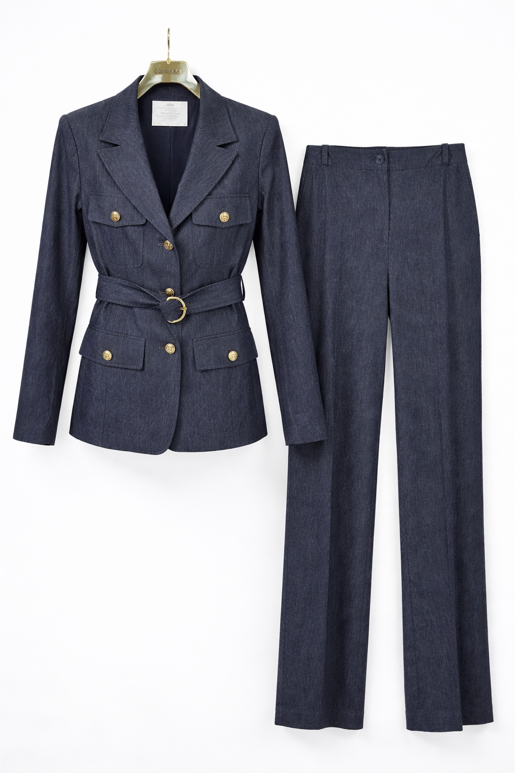 Elegant Belted Tailored Blazer & Wide-Leg Pants Set – Charcoal Blue