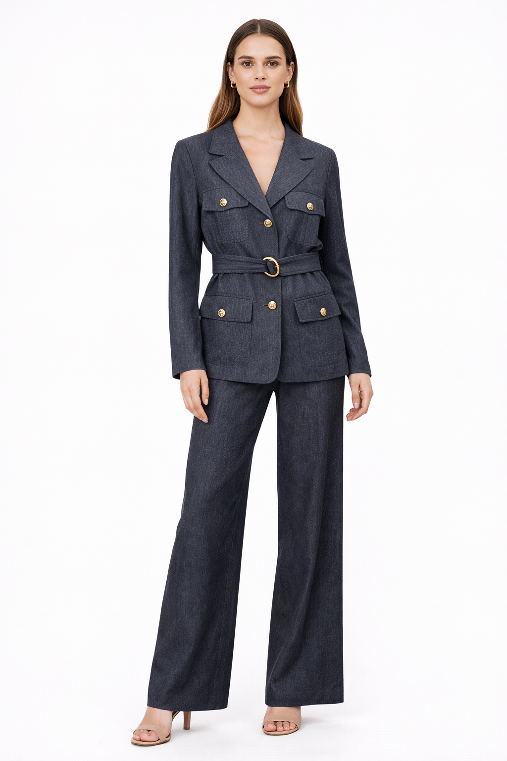 Elegant Belted Tailored Blazer & Wide-Leg Pants Set – Charcoal Blue