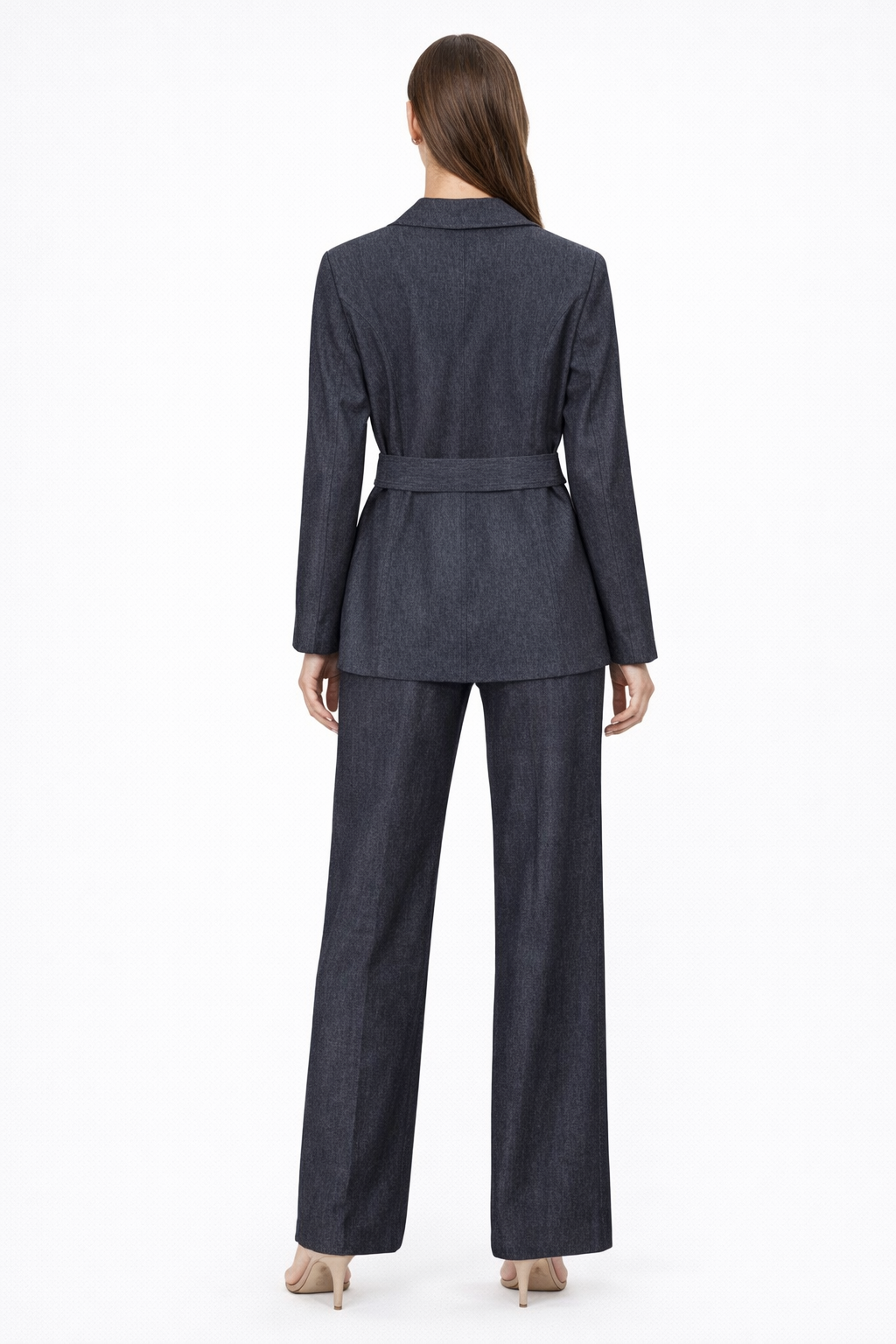 Elegant Belted Tailored Blazer & Wide-Leg Pants Set – Charcoal Blue