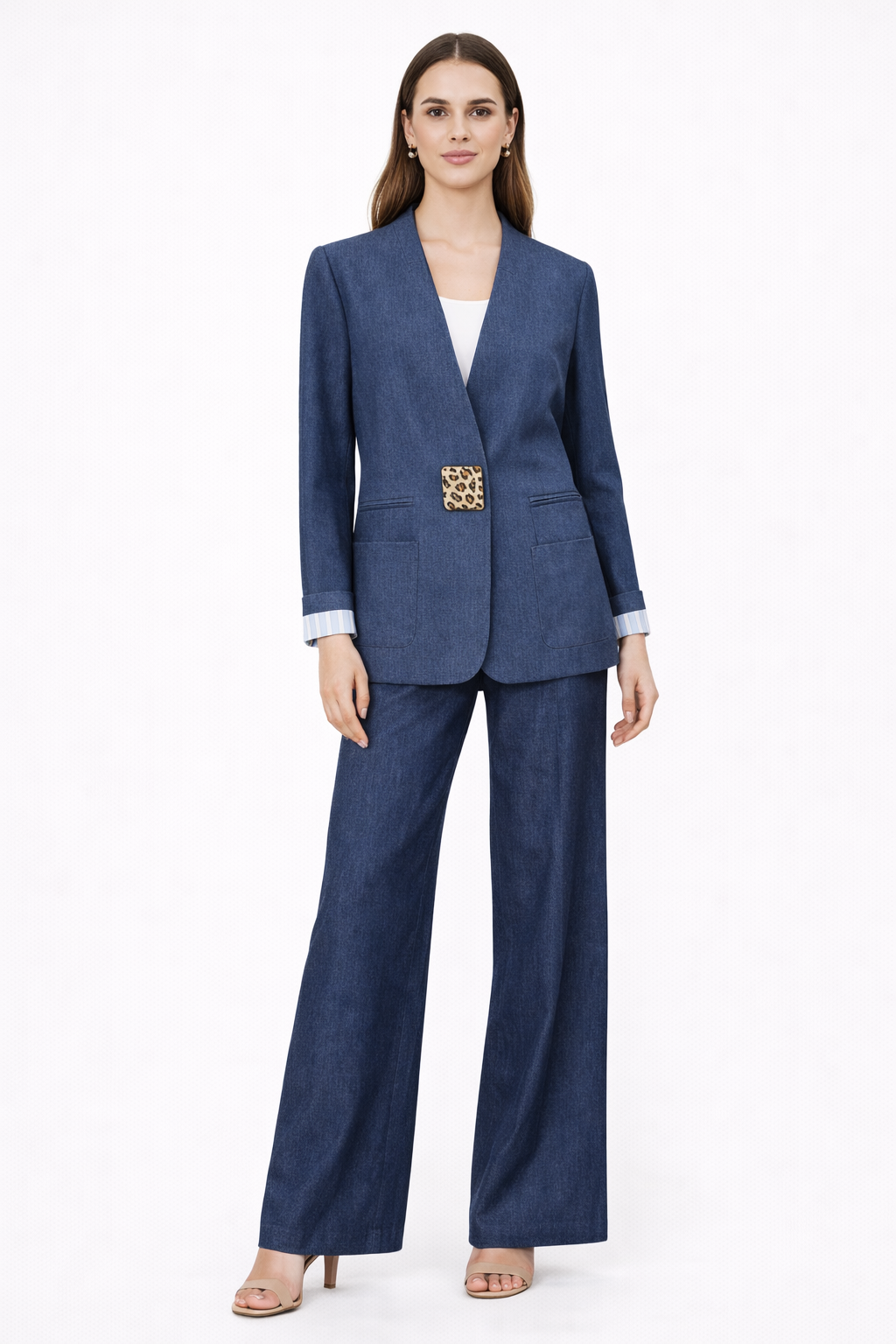 Chic Denim Tailored Blazer & Wide-Leg Pants Set
