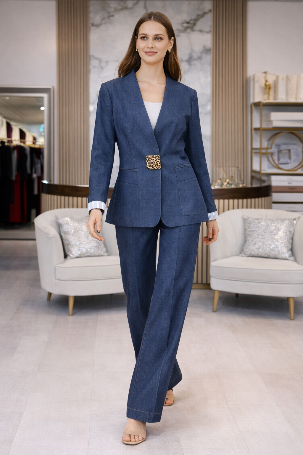 Chic Denim Tailored Blazer & Wide-Leg Pants Set