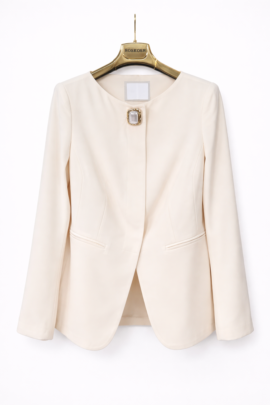 Elegant Blush Midi Skirt & Jewel-Button Blazer Set