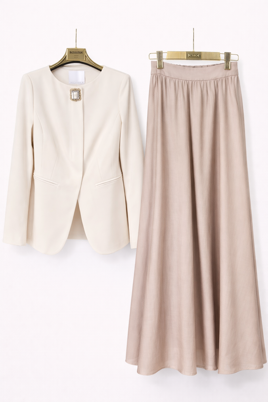 Elegant Blush Midi Skirt & Jewel-Button Blazer Set