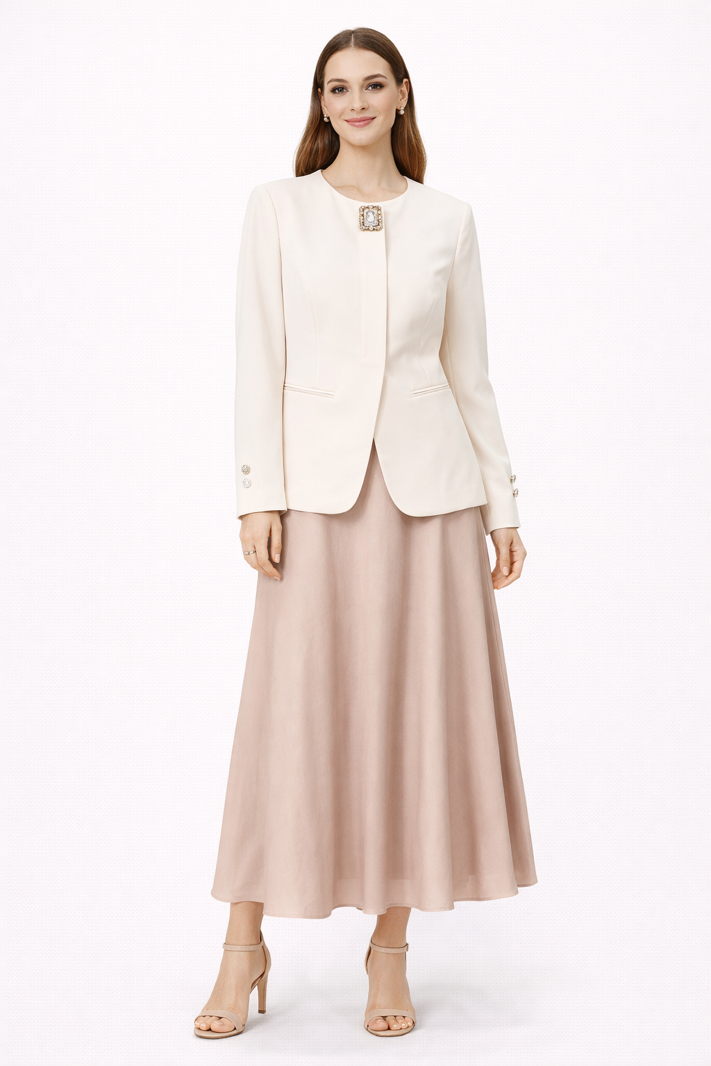 Elegant Blush Midi Skirt & Jewel-Button Blazer Set