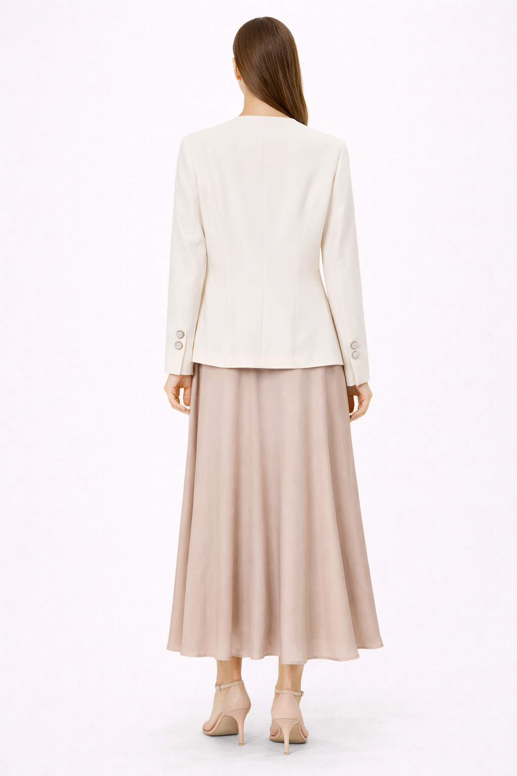 Elegant Blush Midi Skirt & Jewel-Button Blazer Set