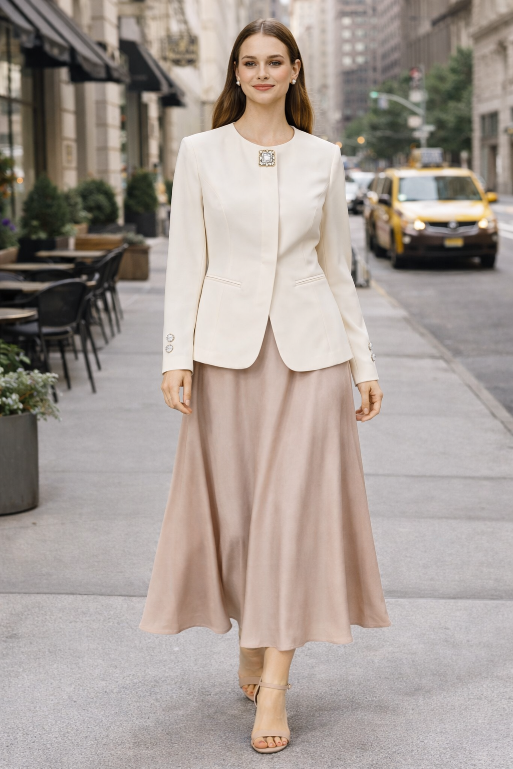 Elegant Blush Midi Skirt & Jewel-Button Blazer Set