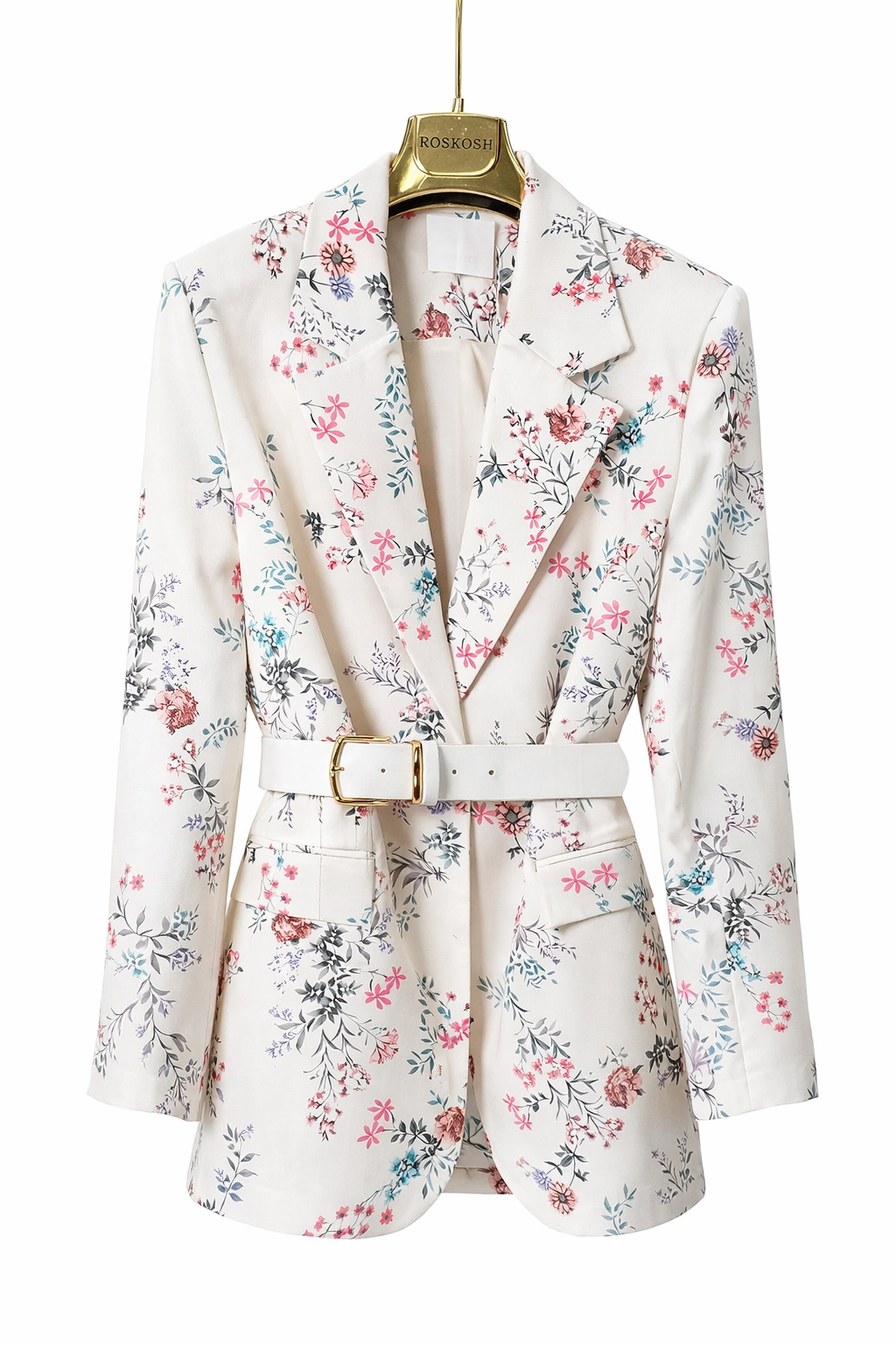 Floral Elegance 3-Piece Suit Set – Blazer, Midi Skirt & Belt
