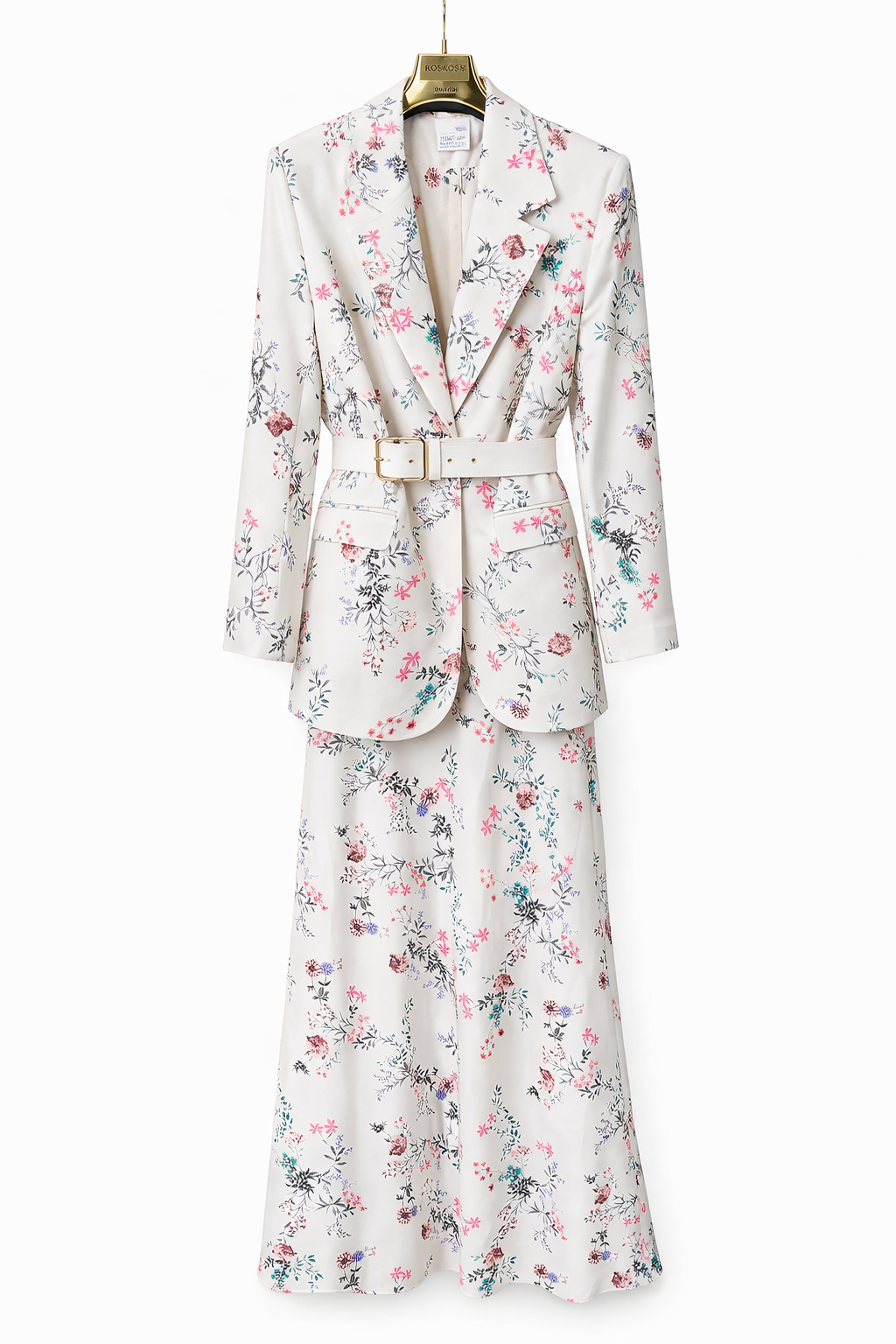 Floral Elegance 3-Piece Suit Set – Blazer, Midi Skirt & Belt