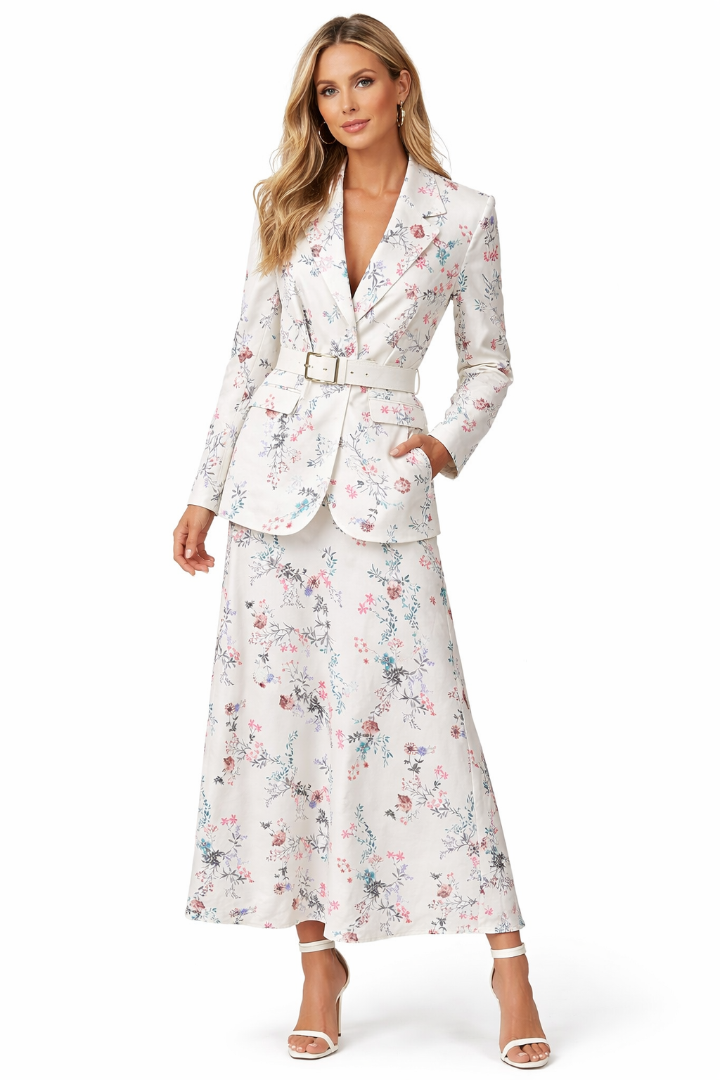 Floral Elegance 3-Piece Suit Set – Blazer, Midi Skirt & Belt