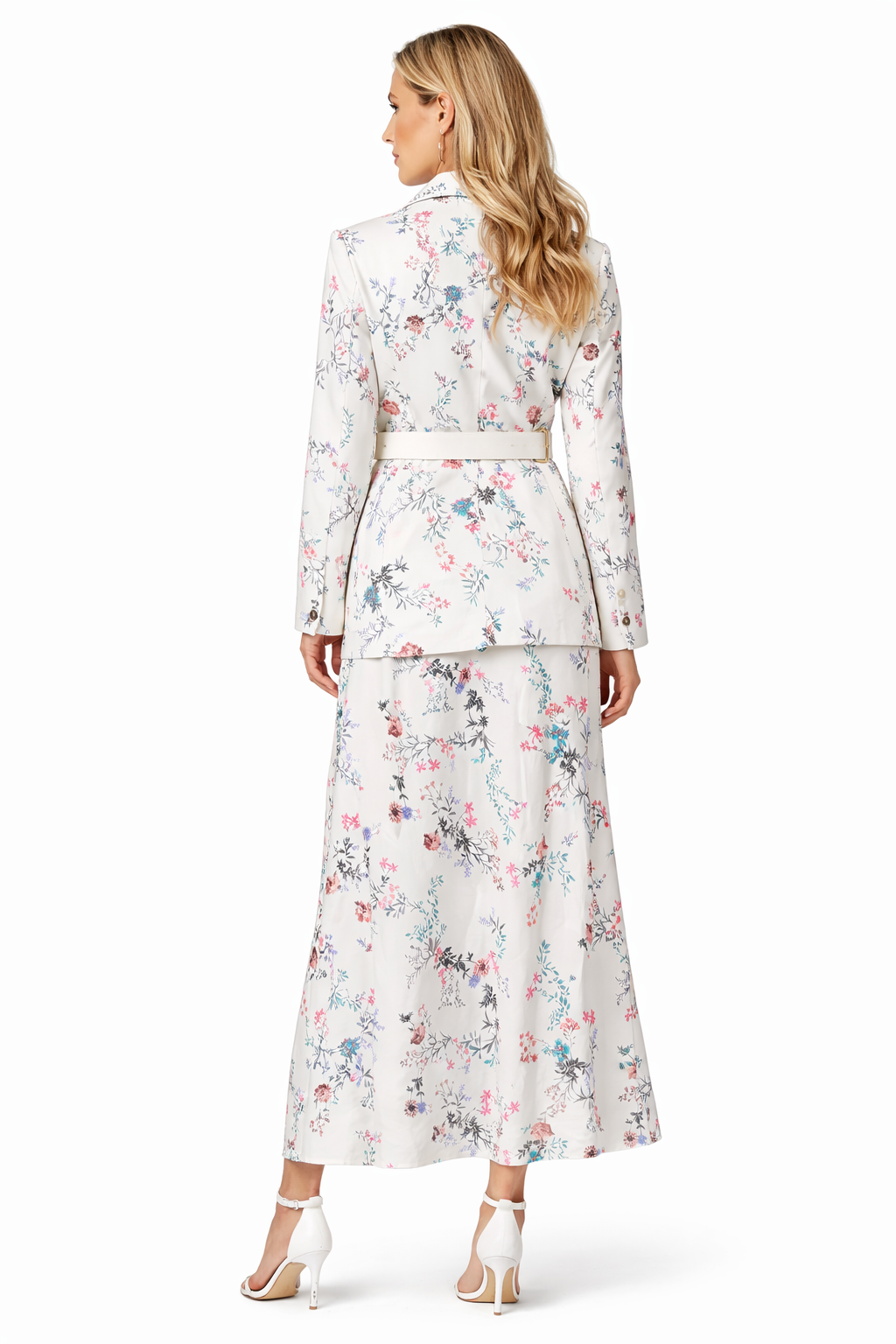 Floral Elegance 3-Piece Suit Set – Blazer, Midi Skirt & Belt