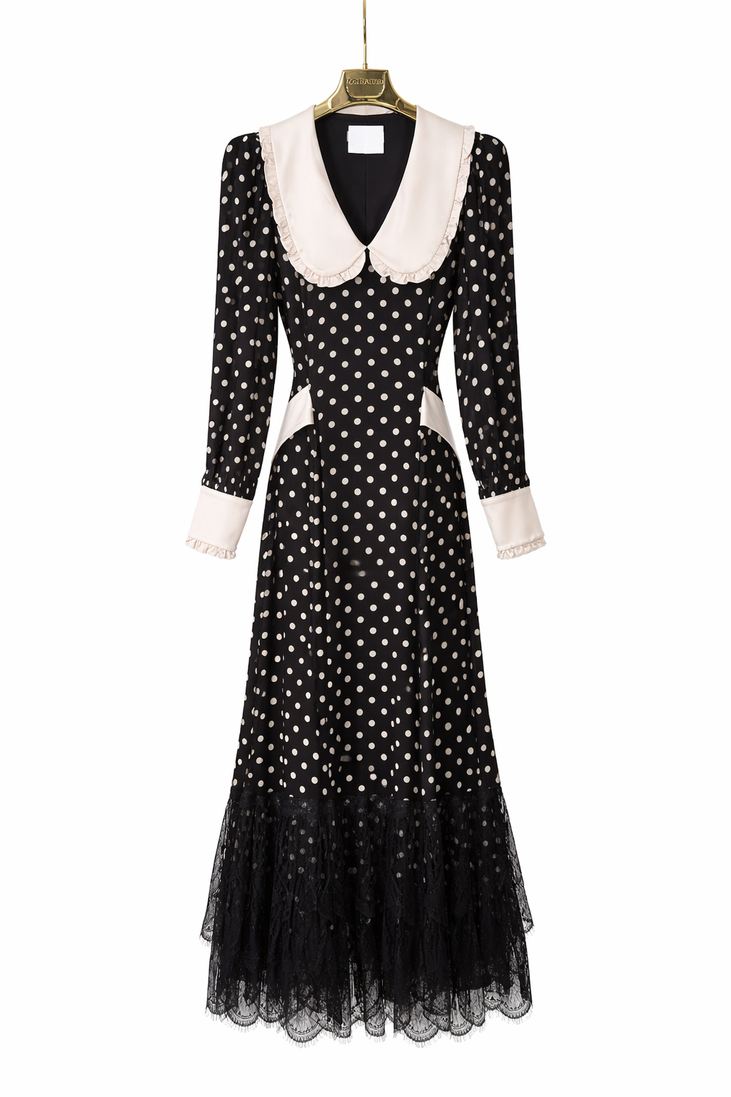 Vintage Polka Dot Midi Dress with Lace Hem & Bow Belt