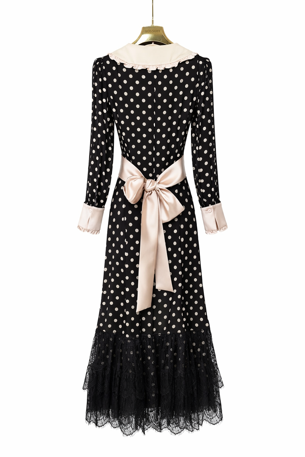 Vintage Polka Dot Midi Dress with Lace Hem & Bow Belt