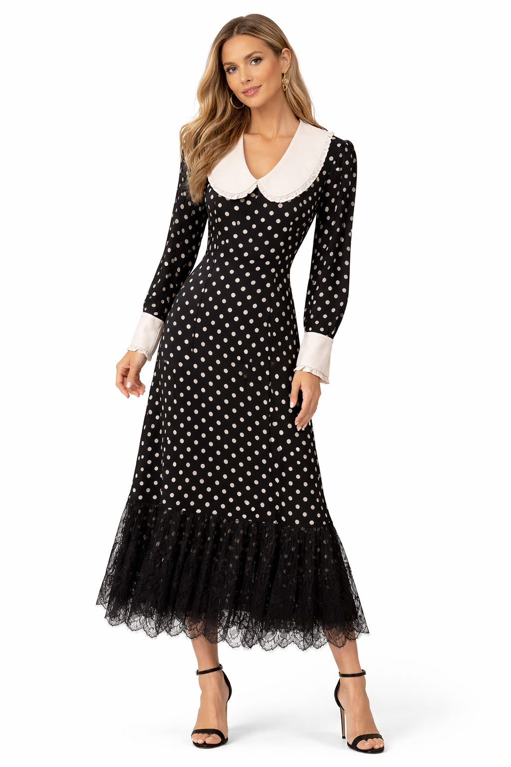 Vintage Polka Dot Midi Dress with Lace Hem & Bow Belt