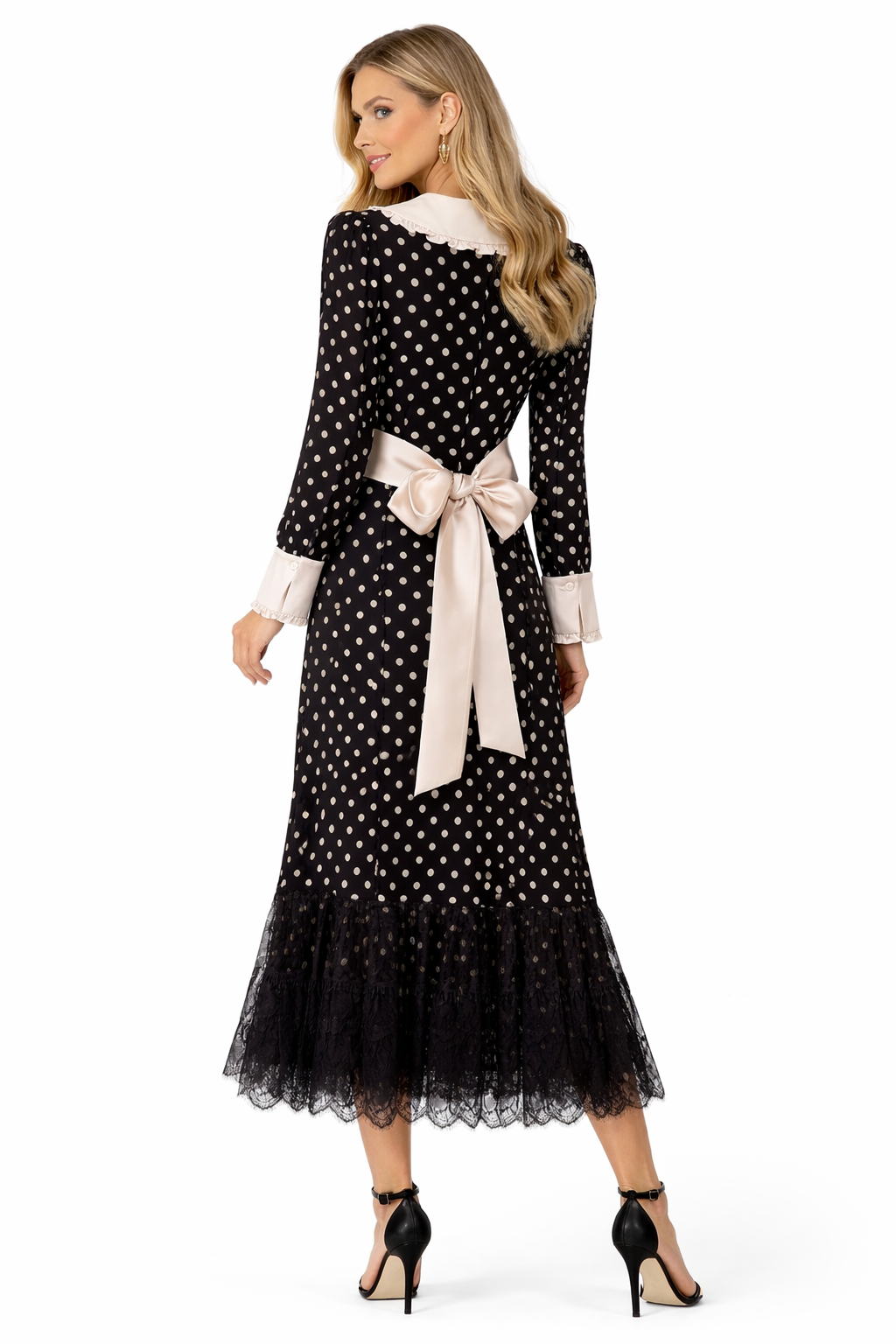 Vintage Polka Dot Midi Dress with Lace Hem & Bow Belt