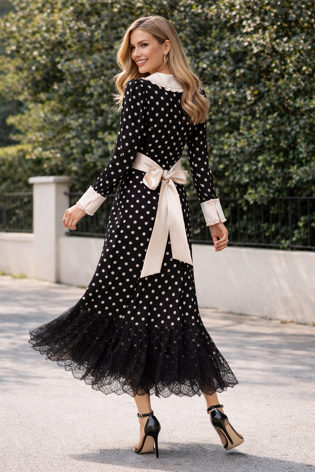 Vintage Polka Dot Midi Dress with Lace Hem & Bow Belt