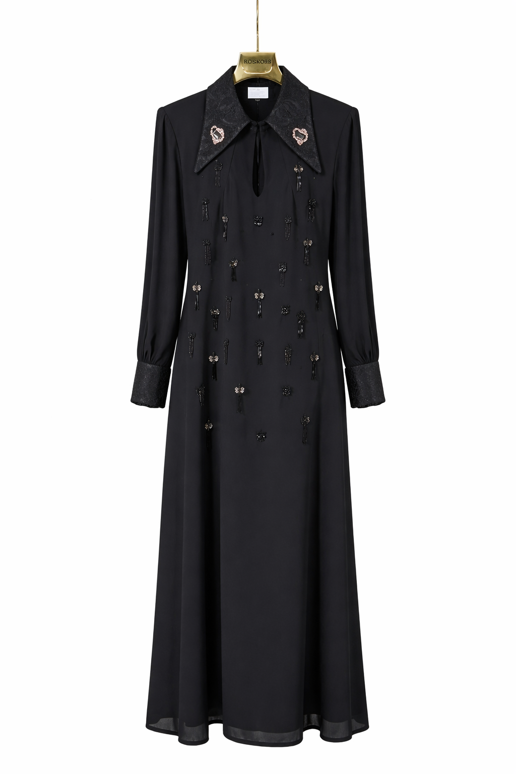 Elegant Embellished Maxi Dress with Velvet Collar