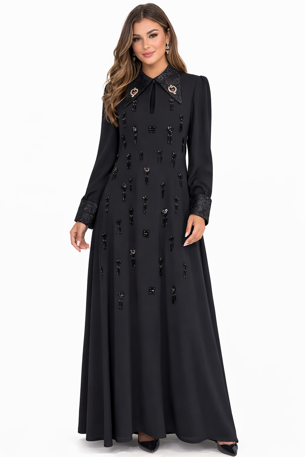 Elegant Embellished Maxi Dress with Velvet Collar