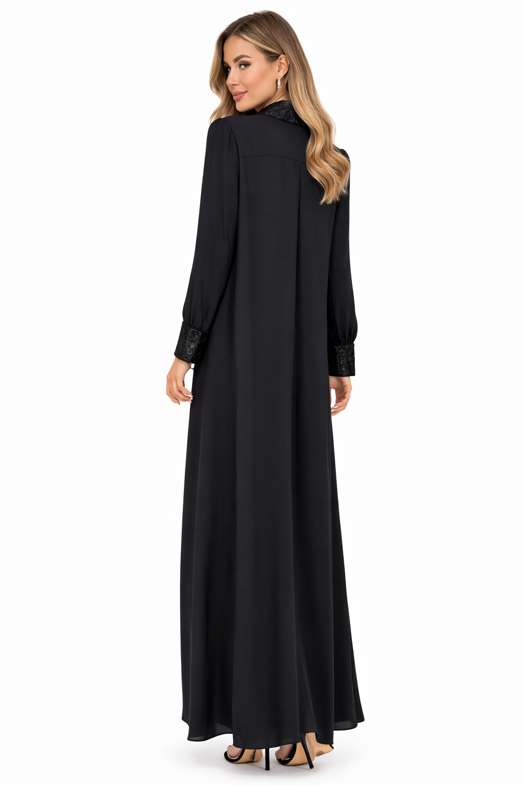 Elegant Embellished Maxi Dress with Velvet Collar