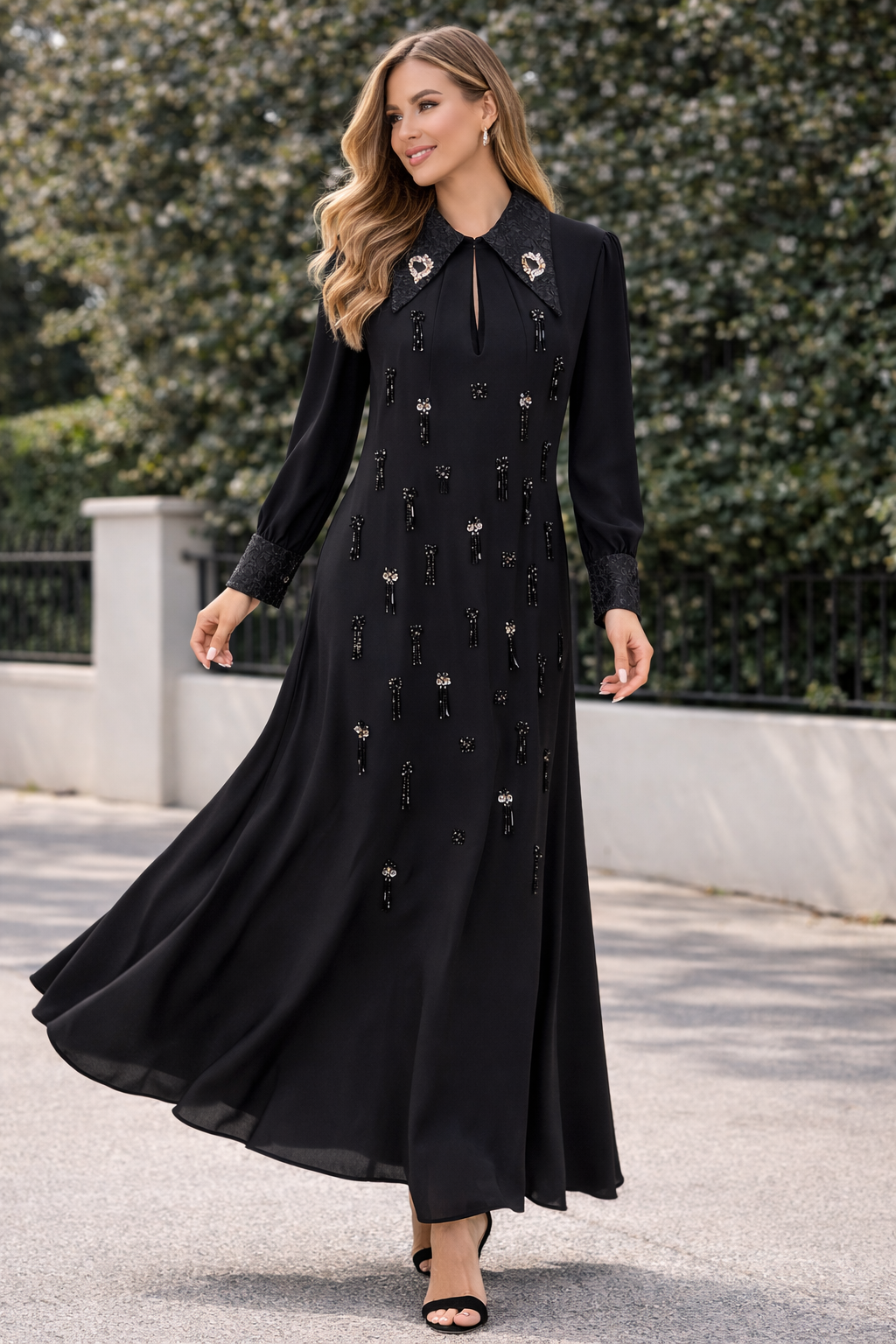 Elegant Embellished Maxi Dress with Velvet Collar