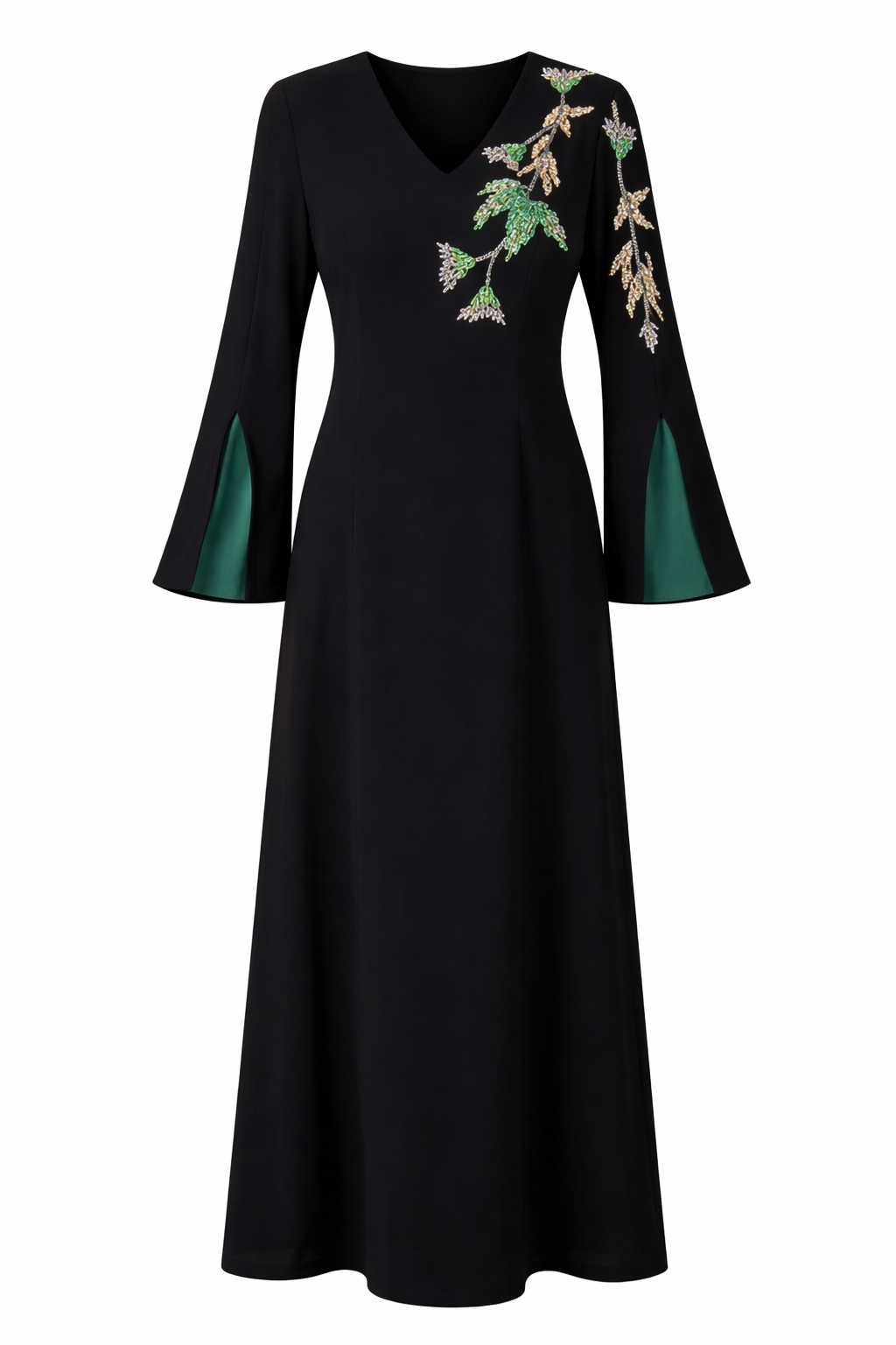 Embroidered Elegance Maxi Dress with Bell Sleeves
