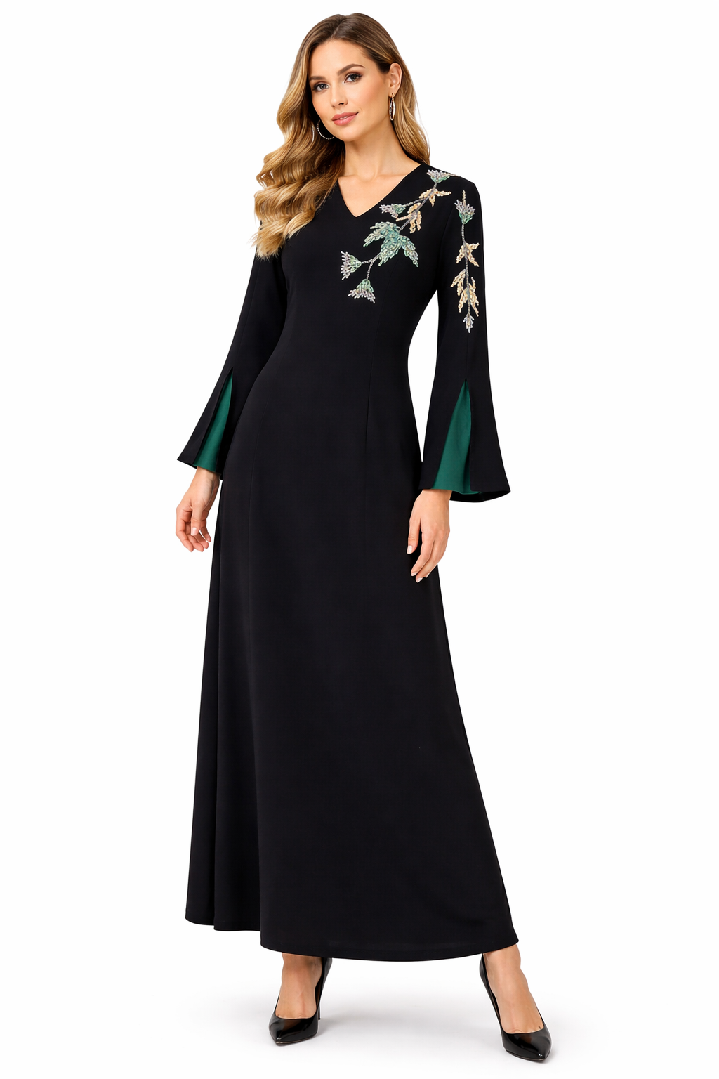 Embroidered Elegance Maxi Dress with Bell Sleeves
