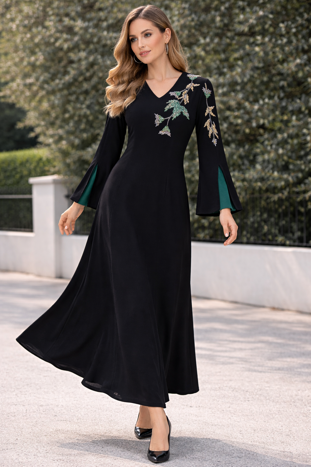 Embroidered Elegance Maxi Dress with Bell Sleeves