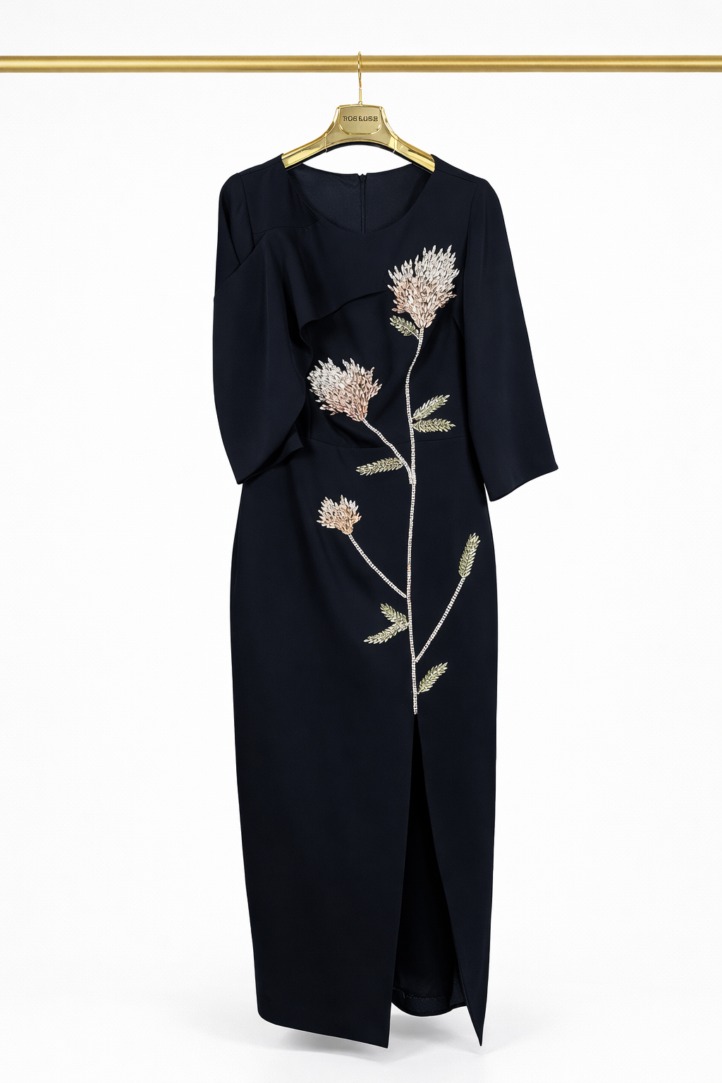 Midnight Floral Embroidered Elegant Midi Dress