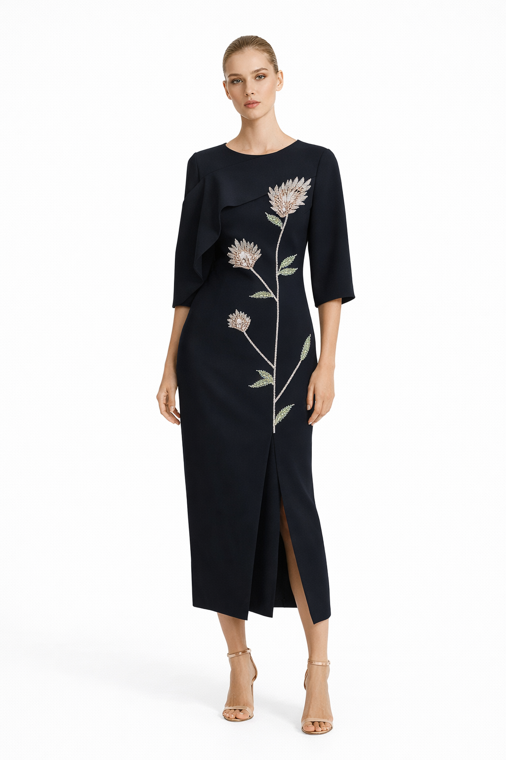 Midnight Floral Embroidered Elegant Midi Dress