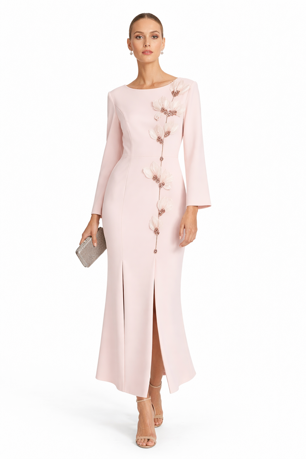 Blush Pink Floral Appliqué Elegant Evening Dress