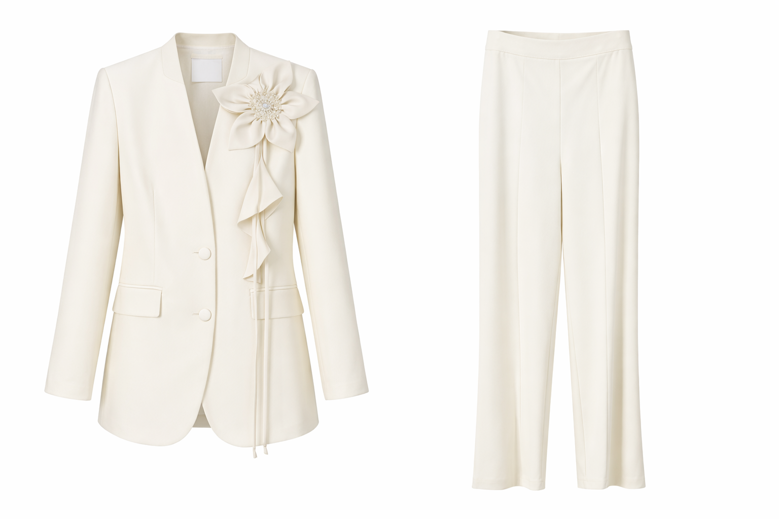 Ivory Floral Accent Tailored Blazer & Wide-Leg Pants Set