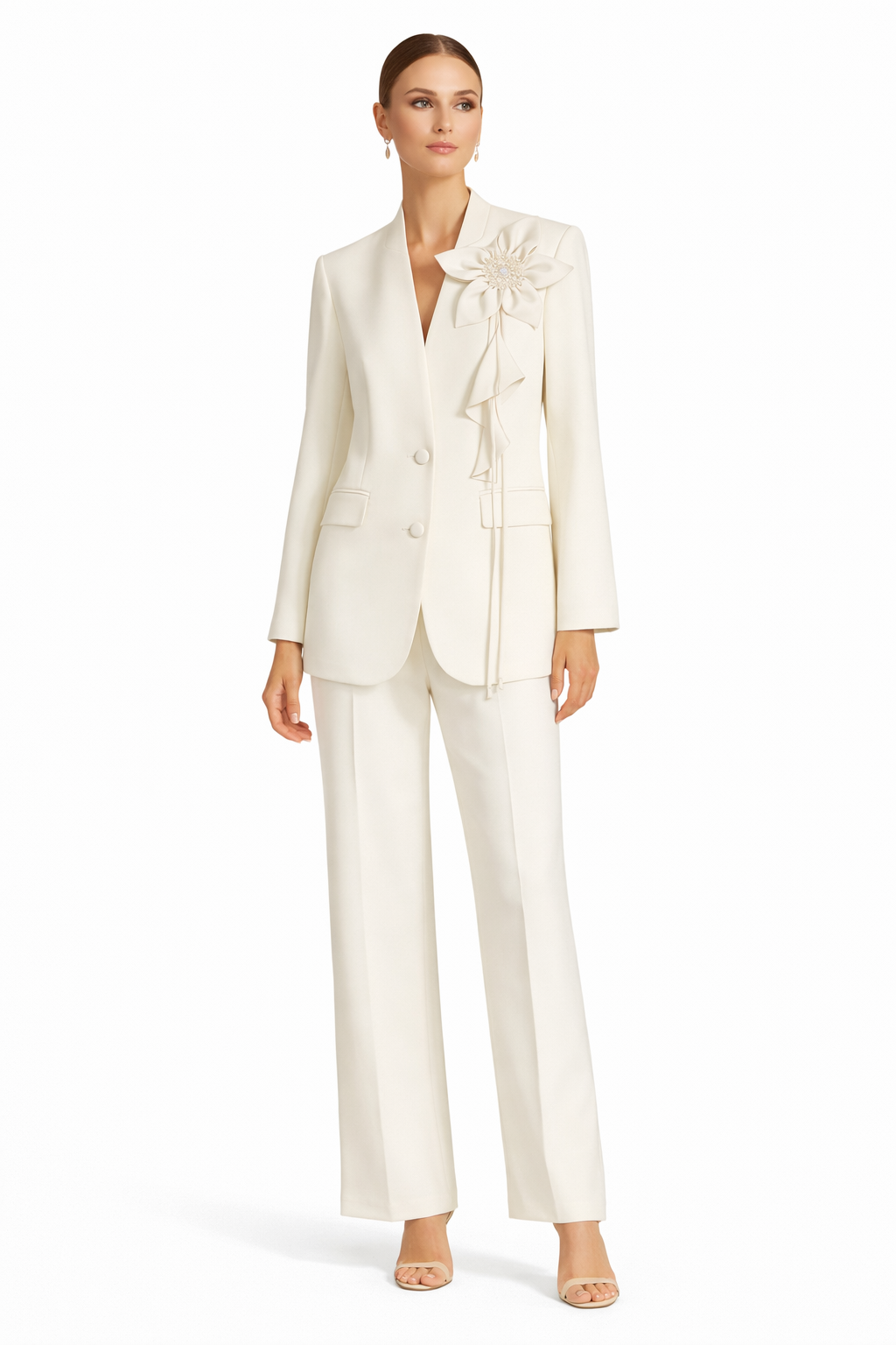 Ivory Floral Accent Tailored Blazer & Wide-Leg Pants Set