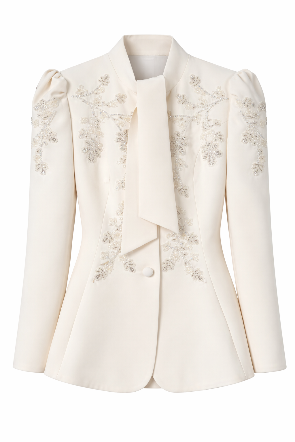 Ivory Embroidered Tie-Neck Blazer & Wide-Leg Pants Suit Set