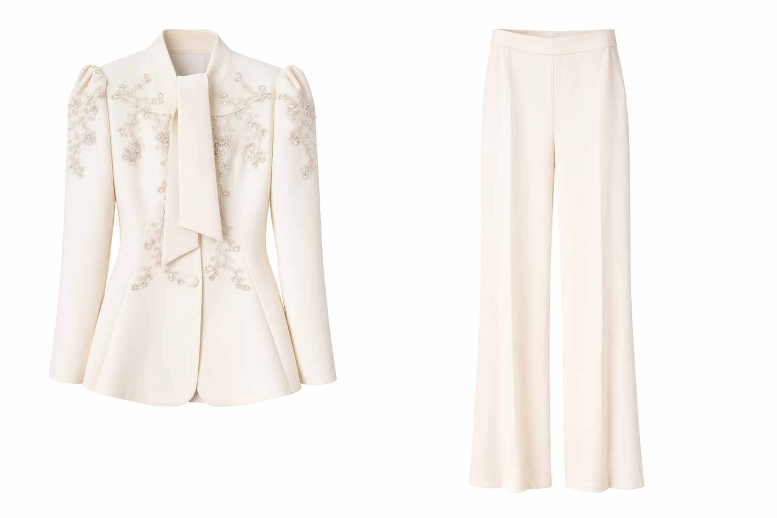 Ivory Embroidered Tie-Neck Blazer & Wide-Leg Pants Suit Set