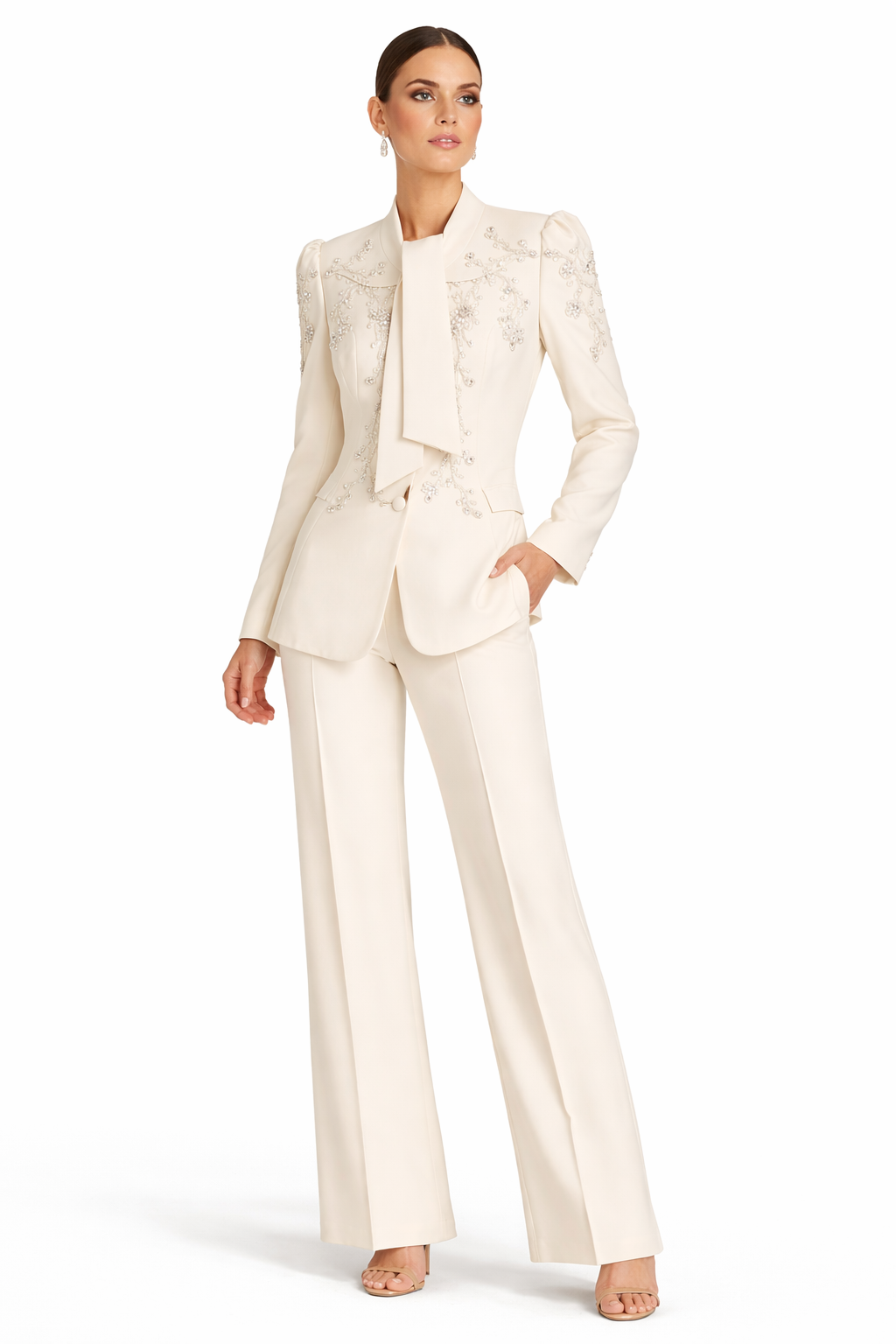 Ivory Embroidered Tie-Neck Blazer & Wide-Leg Pants Suit Set