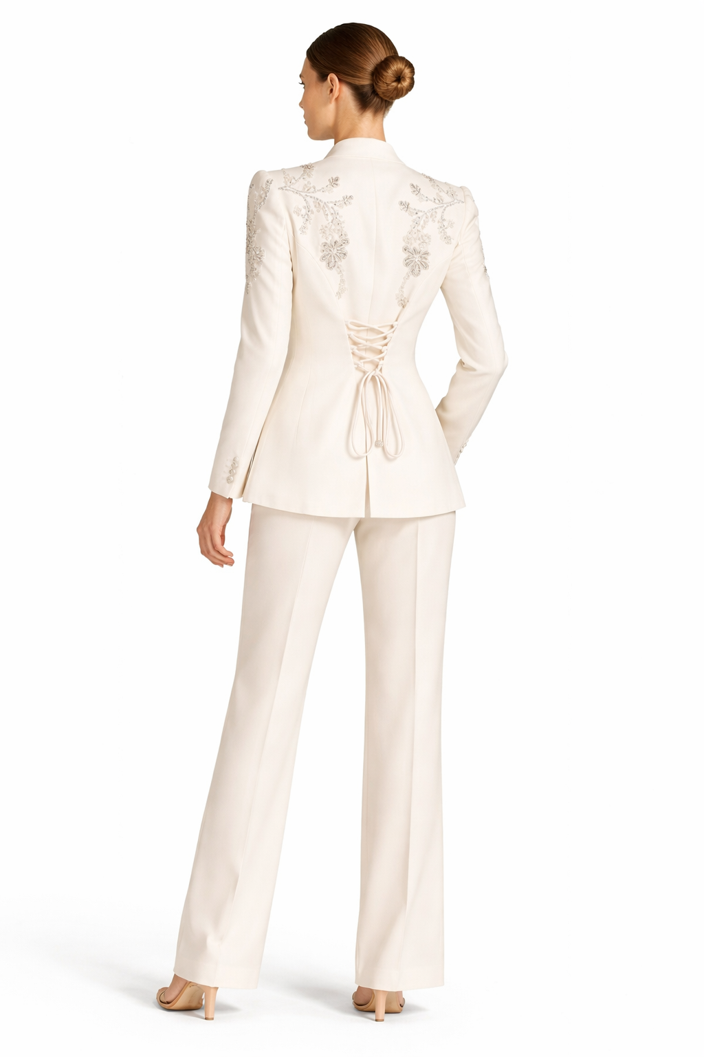 Ivory Embroidered Tie-Neck Blazer & Wide-Leg Pants Suit Set
