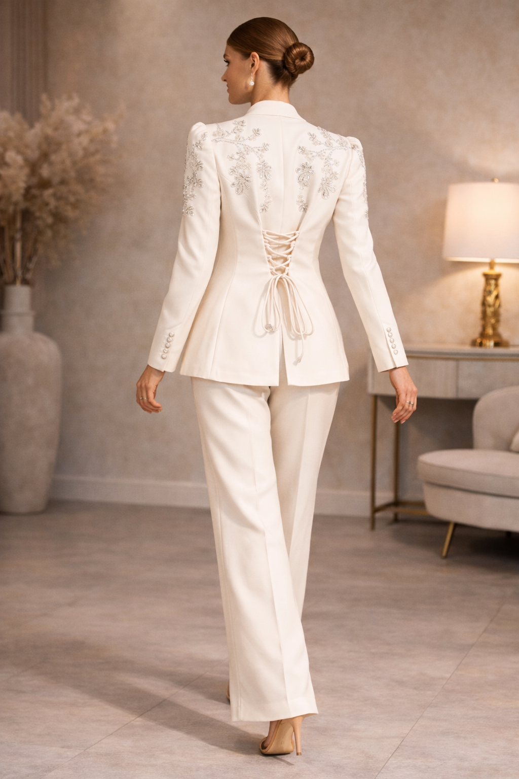 Ivory Embroidered Tie-Neck Blazer & Wide-Leg Pants Suit Set