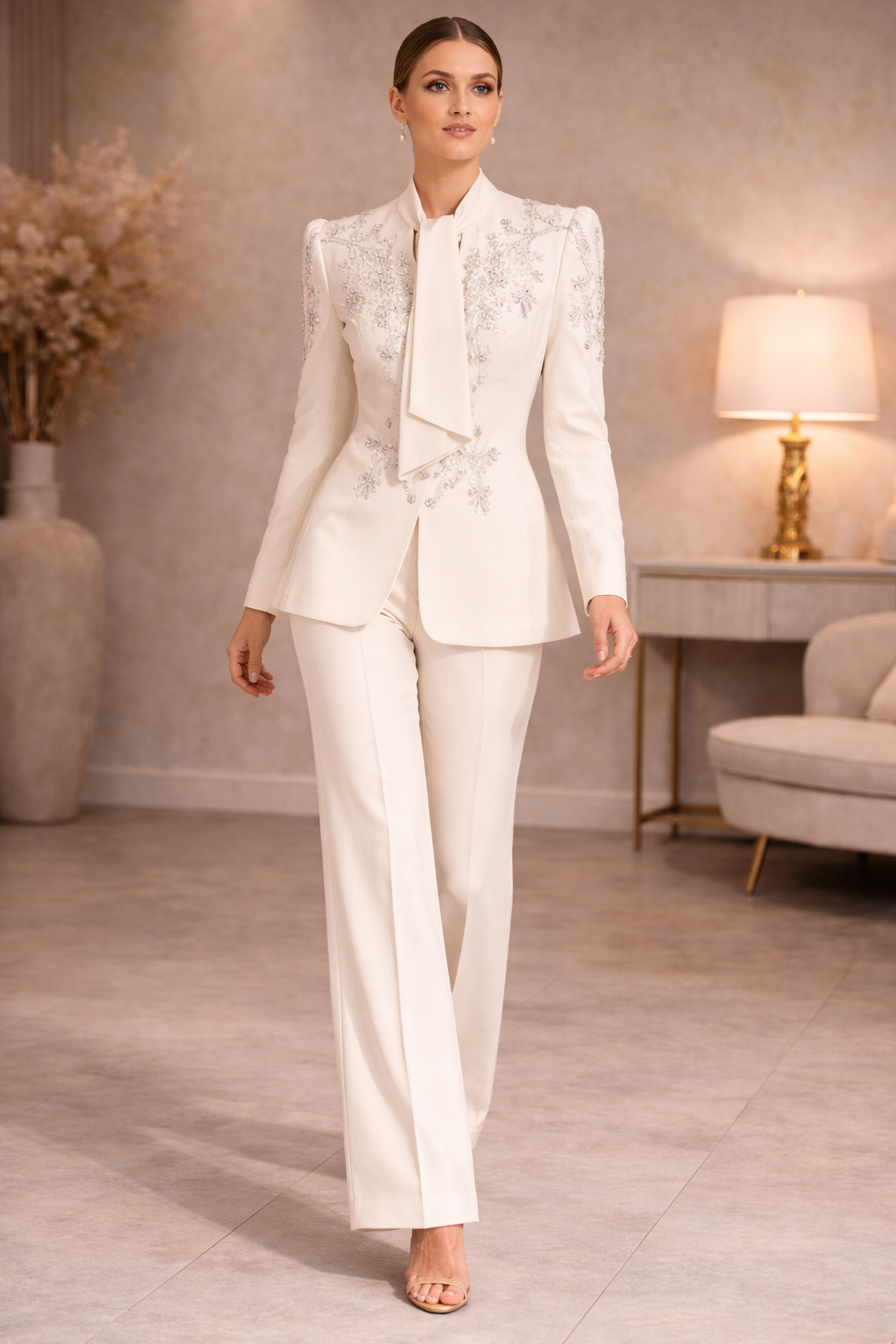 Ivory Embroidered Tie-Neck Blazer & Wide-Leg Pants Suit Set