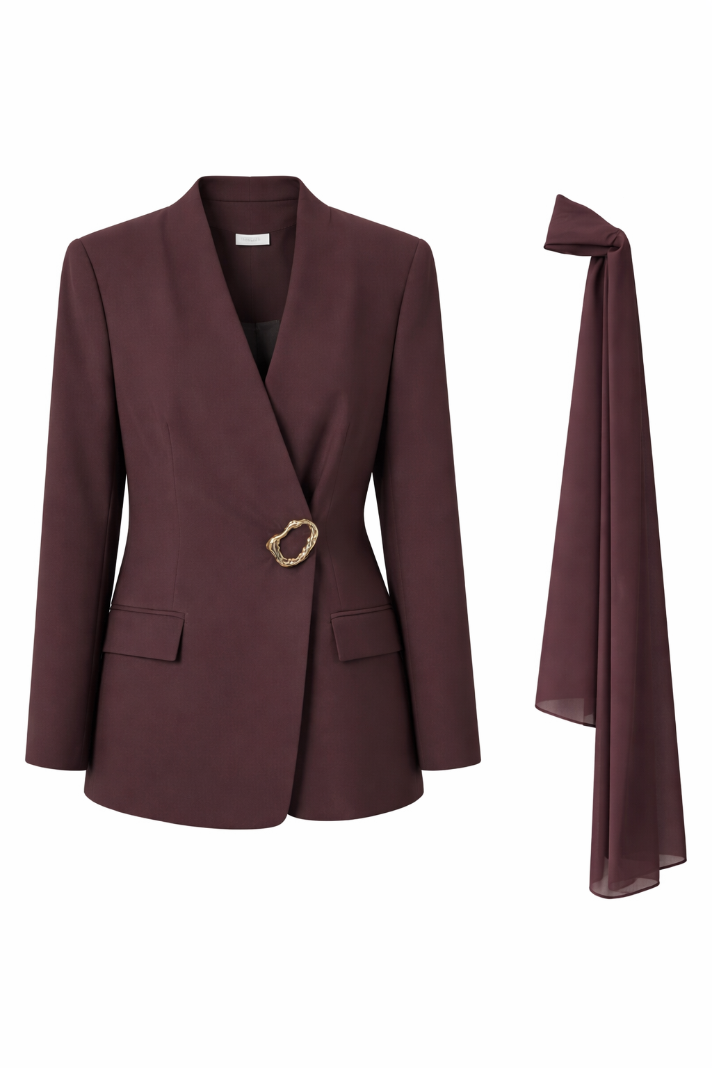 Elegant Burgundy Scarf Blazer & Wide-Leg Pants Suit Set
