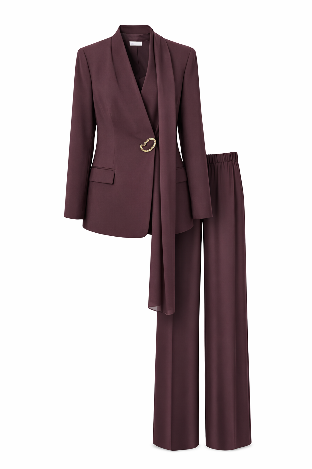 Elegant Burgundy Scarf Blazer & Wide-Leg Pants Suit Set