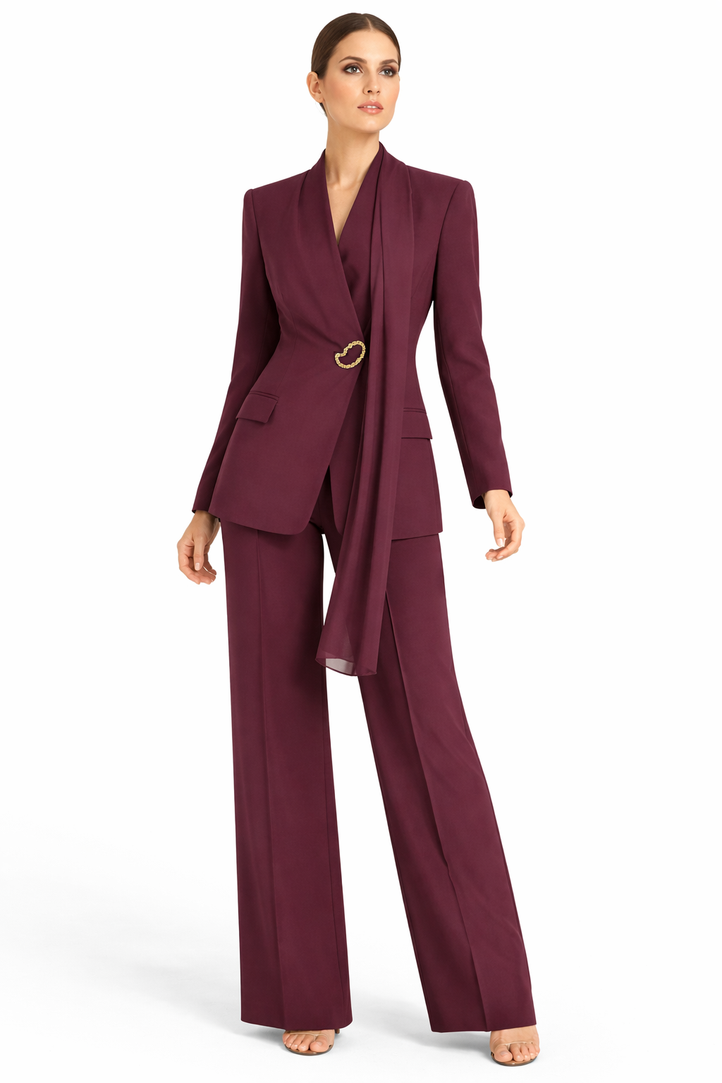 Elegant Burgundy Scarf Blazer & Wide-Leg Pants Suit Set