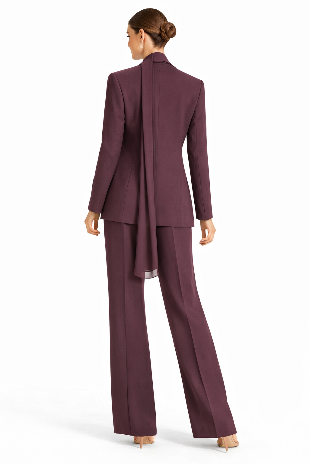 Elegant Burgundy Scarf Blazer & Wide-Leg Pants Suit Set