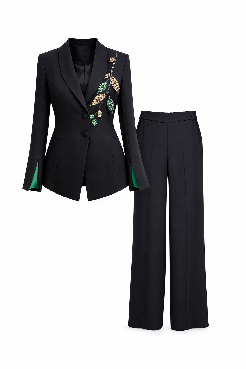 Elegant Black Embroidered Blazer & Wide-Leg Pants Suit Set