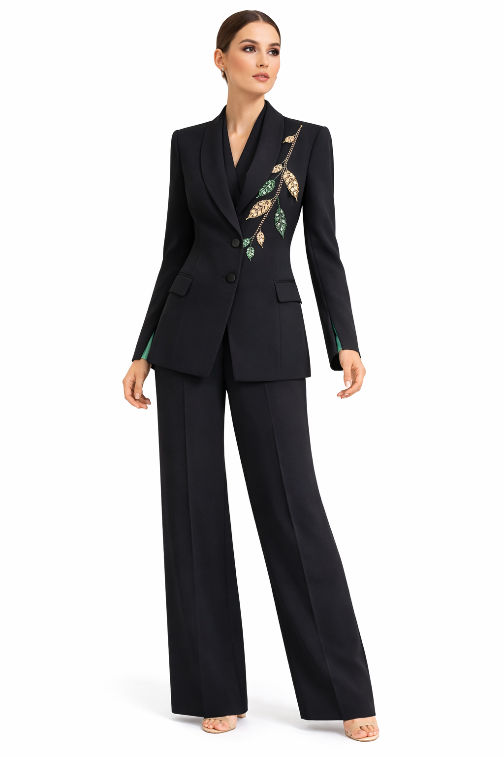 Elegant Black Embroidered Blazer & Wide-Leg Pants Suit Set