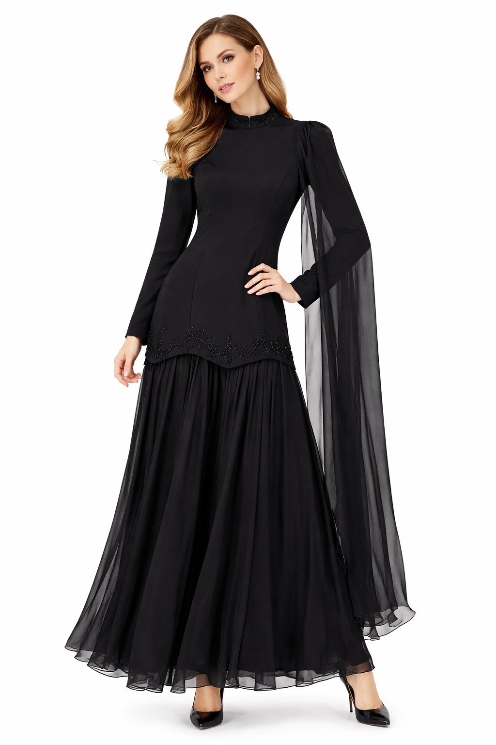 Elegant Noir Cape Maxi Dress