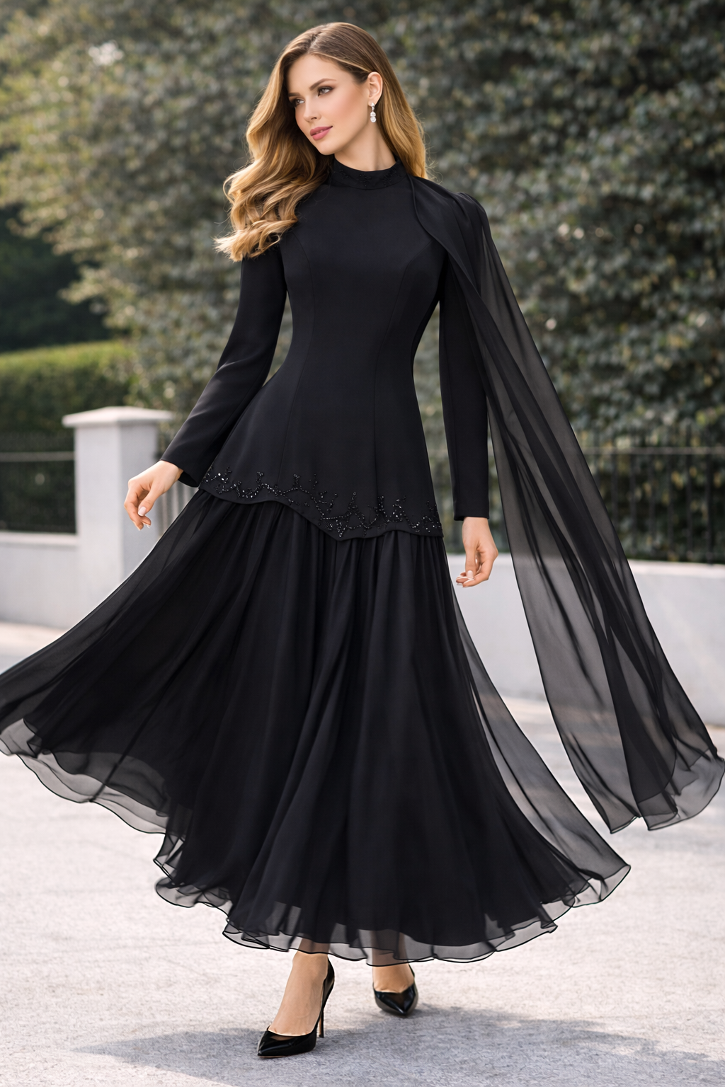 Elegant Noir Cape Maxi Dress