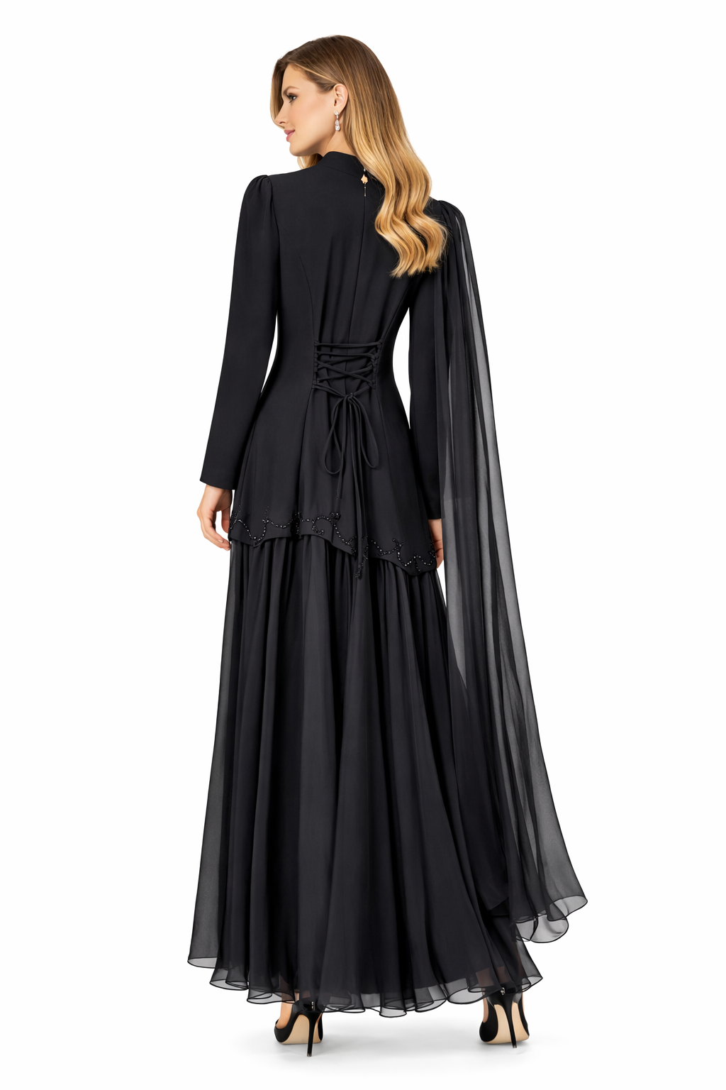 Elegant Noir Cape Maxi Dress