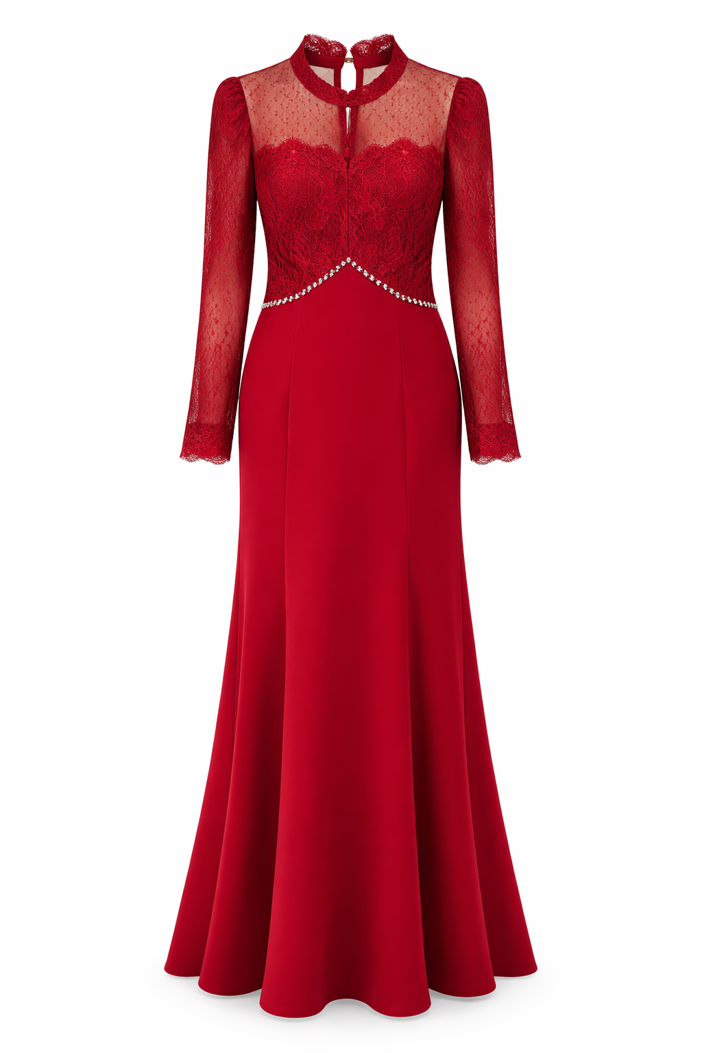 Elegant Red Lace Evening Gown with Matching Handbag Set