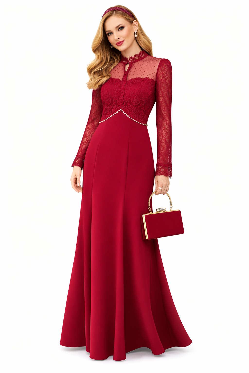 Elegant Red Lace Evening Gown with Matching Handbag Set